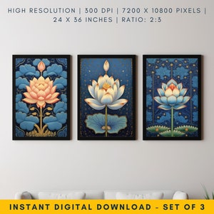 Pichwai Blue Lotus Flower Art, Set of 3 Blue Flower Painting, Vintage Lotus Painting Indian Folk Art, Botanical Art Print, Zen Wall Art