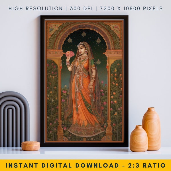 Indian Folk Art Painting - Ethereal Beautiful Royal Woman, Traditional Indian Artwork for Home Decor, Unique Cultural Gift