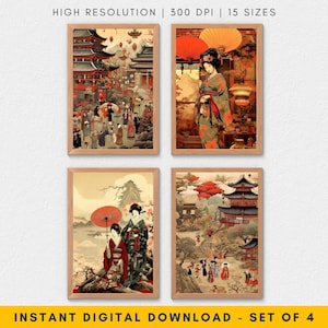 Cultural Japanese Wall Art Ukiyo-e Print Set, Vintage Woodblock Painting Collection, Authentic Japanese Wall Art Decor, Digital Download