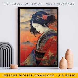 Vintage Geisha Painting - Red Japanese Geisha Painting, Japanese Wall Art, Japanese Art Print, Vintage Artwork, Japanese Wall Decor