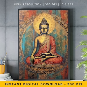 Red and Gold Gautam Buddha Wall Art - Lotus Position Buddha Painting, Vintage Oil Painting, Buddha Wall Decor, Spiritual Home Decor Gift