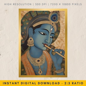 Melodious Krishna Painting, Blue Indian Folk Art, Traditional Indian Art, Hindu God Painting, Perfect for Spiritual Home Decor