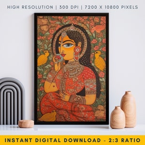Elegant Sita Madhubani Painting - Red Mithila Painting, Indian Folk Art Painting, Traditional Indian Art, Madhubani Wall Art For Home Decor