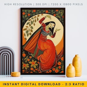 Kalighat Painting Enchanting Dancer - Vibrant Woman Dancing Artwork, Indian Classical Dance Art, Cultural Heritage Print, Digital Download