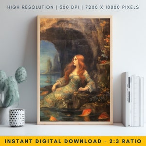 Vintage Mermaid Oil Painting, Eclectic Mermaid Wall Art, Fantasy Painting, Antique Oil Painting, Large Oil Painting, Seascape Painting