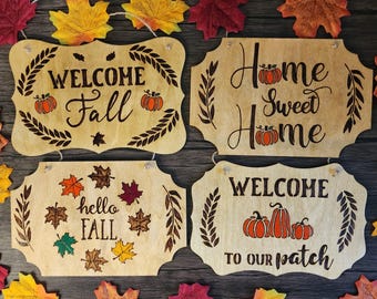 Hand-Burned Fall Wall Signs | Pyrography Wood Art | Rustic Harvest Home Decor | Autumn Leaf & Pumpkin Sign | Handmade Seasonal Wall Hanging