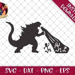 May include: A black silhouette of Godzilla attacking a building with fleeing stick figures. The image includes the text "INSTANT DOWNLOAD!" and file type options: SVG, DXF, PNG, and EPS. The logo for "Mischief's Den" is in the upper left corner.