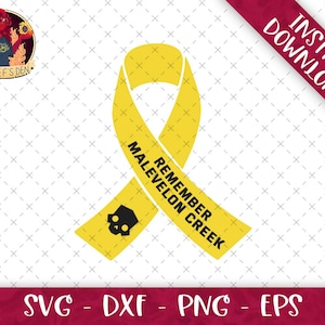 May include: A yellow ribbon with the text "Remember Malevelon Creek" in black. The ribbon is tied in a loop and has a black skull and crossbones graphic on one side.