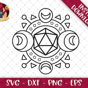 May include: A black and white line art design of a d20 dice surrounded by three crescent moons. The dice is in the center of a circle with stars and triangles around it.