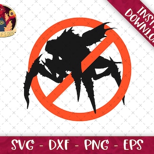 Puede incluir: Un círculo rojo con una línea diagonal que lo atraviesa, simbolizando una señal de prohibición. Dentro del círculo hay una silueta negra de una criatura parecida a una araña con múltiples patas.