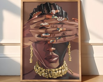 Oro nubiano, donna nera con gioielli, arte donna nera, arte afroamericana, opere d'arte nere, cultura nera, arte di proprietà nera