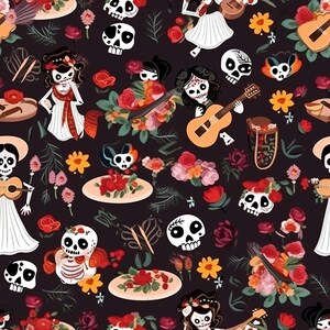 May include: A repeating pattern featuring Day of the Dead themed illustrations. The design includes skulls, figures playing guitars, flowers, and decorative elements in a dark color palette. The artwork has a festive and celebratory theme.