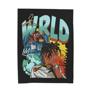 May include: A black and white illustration of two men with the text "Juice WRLD" in colorful letters. The man on the left is wearing a blue jacket and the man on the right is wearing a light blue shirt and has a rose in his hand.