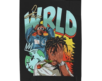 May include: A black and white illustration of two men with the text "Juice WRLD" in colorful letters. The man on the left is wearing a blue jacket and the man on the right is wearing a light blue shirt and has a rose in his hand.