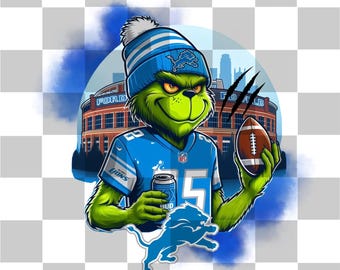 Lions Football Grinch PNG, Digital Download, Grinch Christmas Art, Football Fan Gift, Printable Art, Holiday Decor