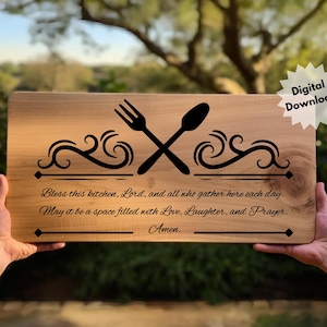 Diseño de tabla de cortar con oración en la cocina, archivo de tabla de cortar con grabado láser, SVG para regalos de madera, archivos grabados con láser para charcutería, tabla de quesos