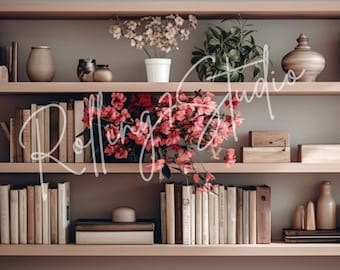 Floral Bookshelf Zoom Background: AI-Enhanced Home Office (Digital Download)
