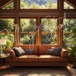 May include: A cozy living room with a leather sofa, two armchairs, and a bookshelf filled with books. The room has large windows that look out onto a lush green forest.