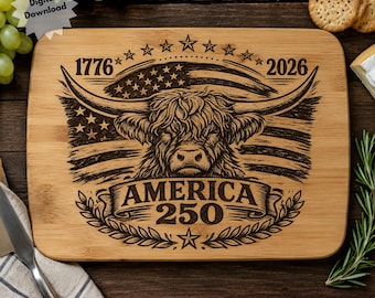 America 250 Highland Cow SVG, Patriotic Laser Engraving File, USA Flag (Digital Download)