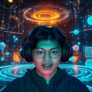 Puede incluir: Una persona con auriculares y gafas, sobre un fondo digital futurista. La escena presenta orbes y líneas azules y naranjas brillantes, con las palabras "Digital Backgrounds" en la esquina superior izquierda.