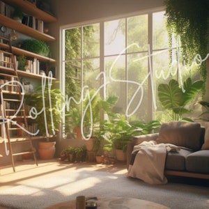 May include: A living room with a large window, a couch, and a bookshelf filled with books. The room is decorated with plants and has a warm, inviting atmosphere.