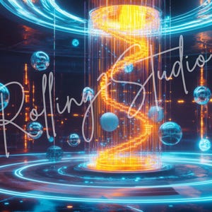 Puede incluir: Una obra de arte digital futurista con una estructura central brillante y una espiral naranja. La escena está iluminada con luces de neón azules y naranjas, con esferas flotantes y el texto "Rolling Studio".
