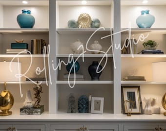 White Bookshelf Zoom Background: AI Enhanced Virtual Office (JPG)
