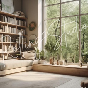 Puede incluir: Un sofá cama de madera de color claro con un cojín mullido se encuentra en una habitación con una gran ventana que da a un exuberante bosque verde. Una estantería llena de libros recorre la pared detrás del sofá cama.