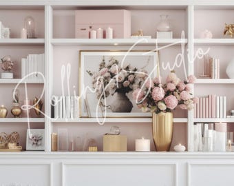 Pink Modern Office Bookshelf Zoom Background: AI-Enhanced Virtual Decor (JPG Download)