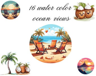 16 Watercolor Ocean Views Clipart, Ocean Views Png, Ocean Views Svg, Ocean Bundle, Svg Files , Digital Download, Printable Art, Digital Art