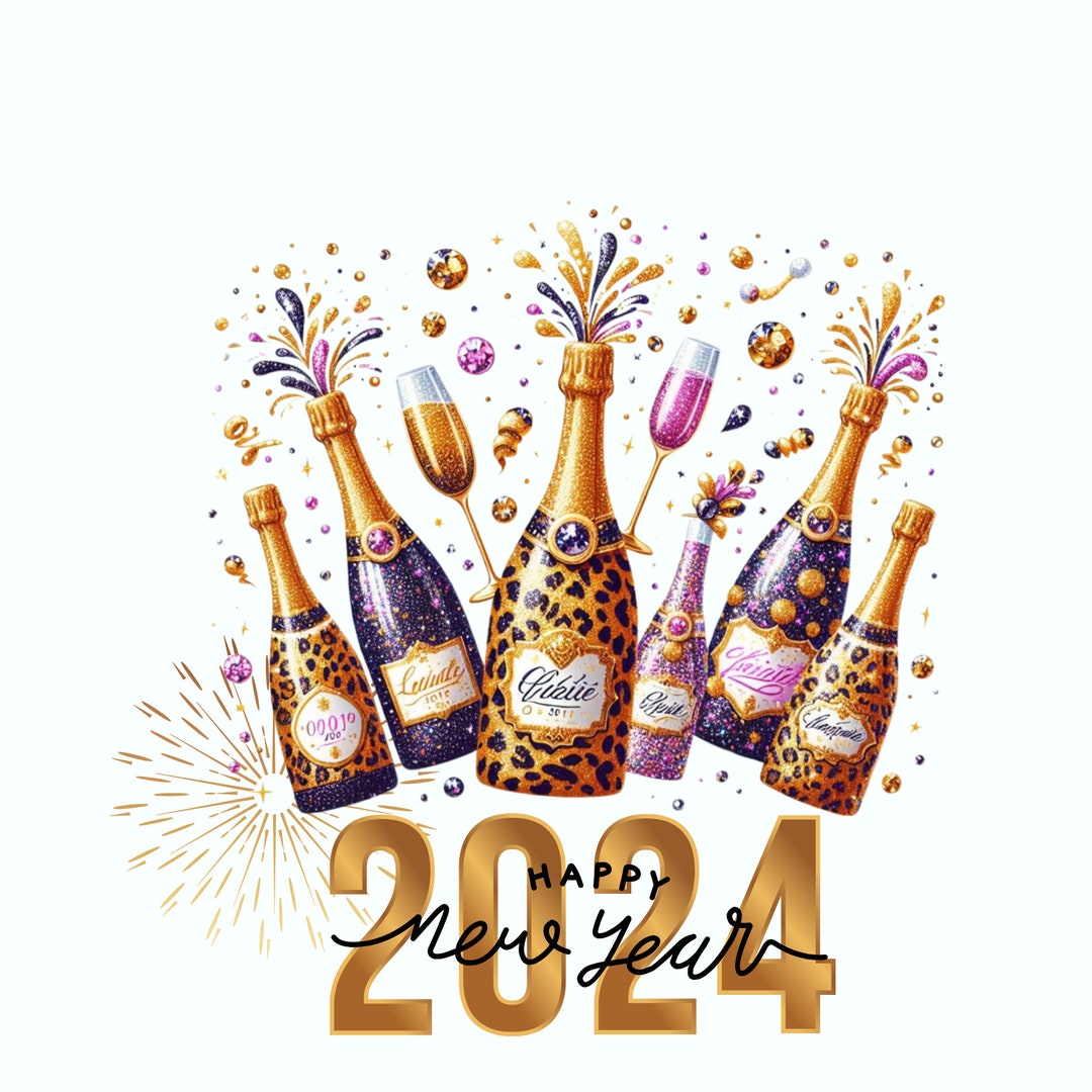 Happy New Year 2024, Sparkly Champagne Bottle Png, Champagne Png