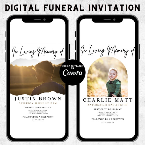 Digital Funeral Invitation, Celebration Of Life, Phone Invitation, Memorial Evite, Editable Electronic Funeral Evite, Text Message Invite.