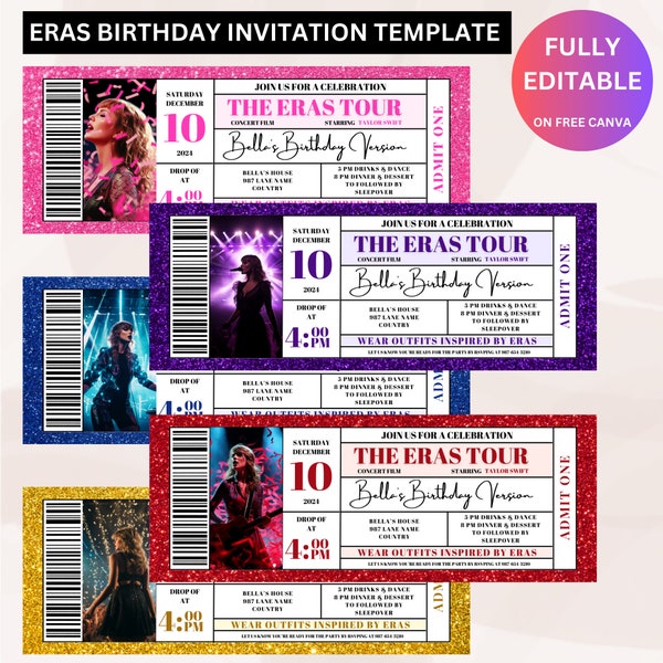 Taylor Eras Tour Birthday Invitation, Eras Tour Movie Ticket Invite, Taylor Party Decorations, Editable Invitation, Taylor Swift Merch.