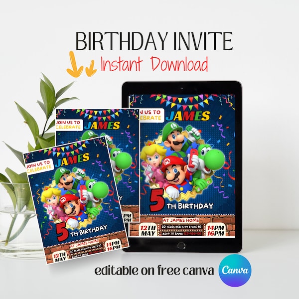 Super Mario Birthday Invitation, Mario Bros Invitation, Super Brothers boy Invite, Video Game, Kid Invite, Editable Template, Editable Canva