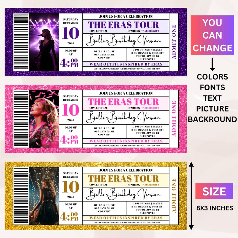 Taylor Eras Tour Birthday Invitation, Eras Tour Movie Ticket Invite, Taylor Party Decorations, Editable Invitation, Taylor Swift Merch. zdjęcie 3
