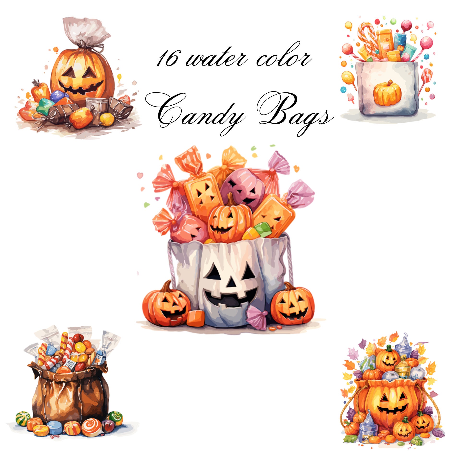 16 Watercolor Candy Bags Svg, Pumpkin Face Svg, Halloween Candy Bag