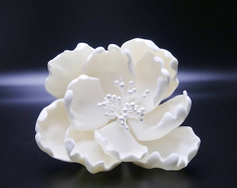 May include: A white sugar flower with a pearl center. The flower has multiple layers of petals and is perfect for decorating cakes or other desserts.