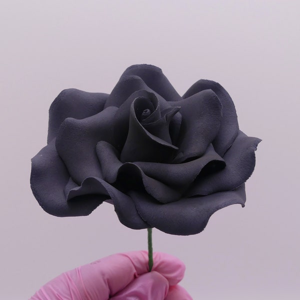 Black Sugar Rose, Fondant Flower For Cake, Black Gumpaste Rose, Handmade Sugar Flower, Medium Rose Cake Topper