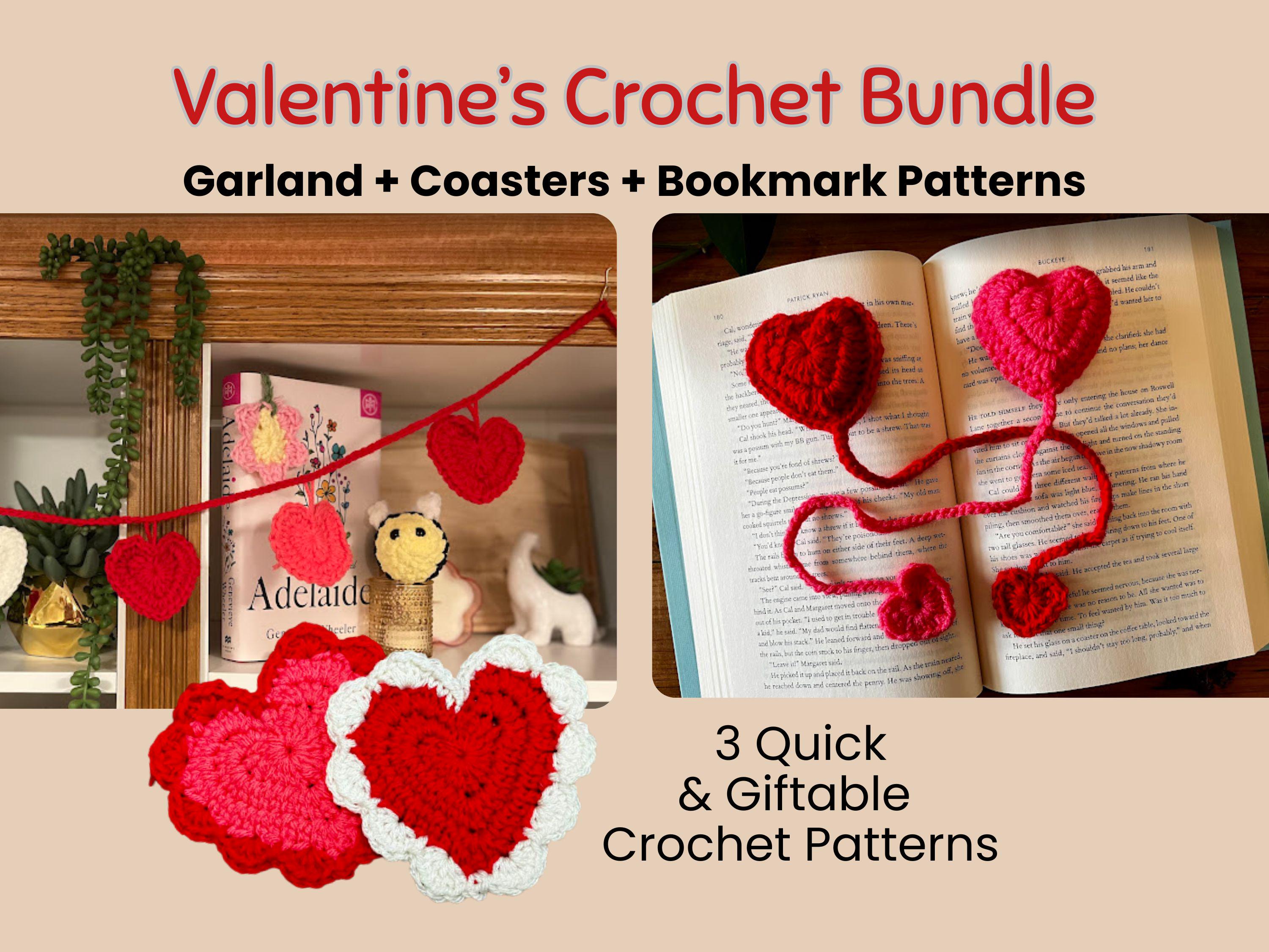 30 Valentine Crochet Patterns to Make for Gifts, Decor, and Cozy Seasonal Touches 32 Heart Bookmark, Garland, and Coaster Bundle