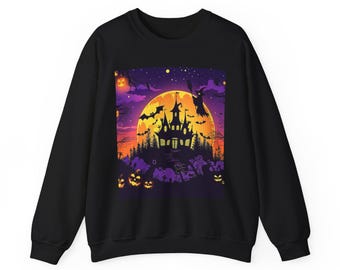 May include: Black sweatshirt with a Halloween graphic. The design shows a haunted castle, bats, carved pumpkins, and a full moon against a purple and orange sky. A festive garment for the Halloween season.