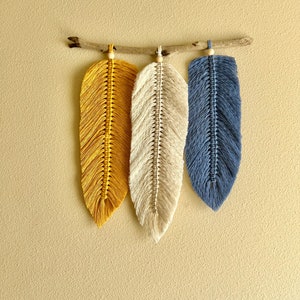 Mustard/Ocean Blue Macrame Feathers on Driftwood