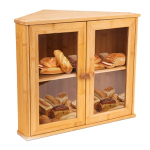 Bamboo Corner Bread Box for Kitchen Countertops | 2 Level Modern Bread Box for Bread and Pastries | Kitchen Storage With Clear Windows