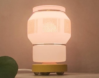 Small Mid-Century Converted White and Yellow Geometric Pattern Glass Table Lamp