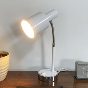 May include: A white desk lamp with a flexible neck is lit, illuminating a wooden surface. A potted cactus and a gray analog clock are also on the surface. The lamp has a silver base and a white shade.