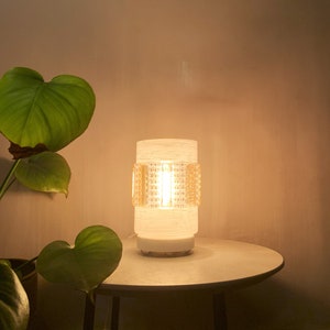 Small Mid-Century Converted Atomic White and Amber Table Lamp