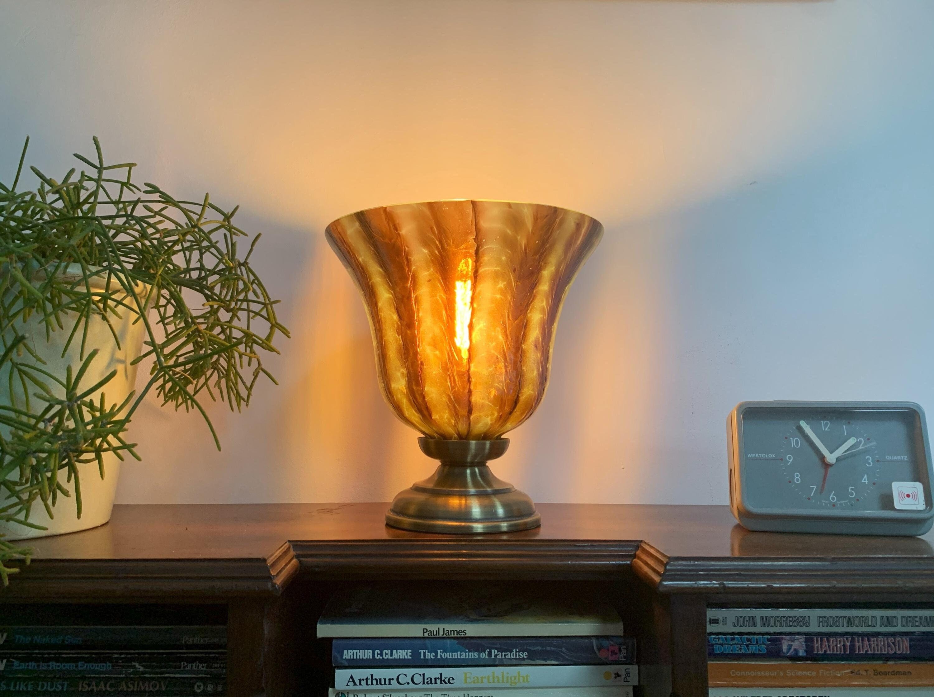 Converted Vintage Striped Blue Iridescent Glass Table Lamp