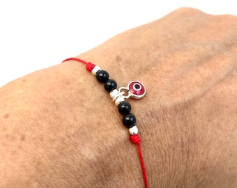 String Silver Onyx Bracelet with Evil Eye Charm