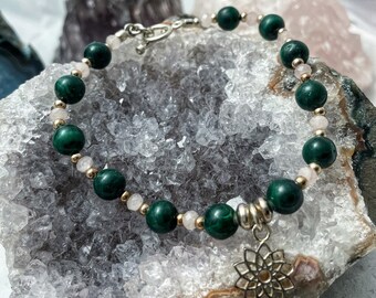 950 Silver Bracelet with Malachite, Rose Quartz, and Mandala Charm
