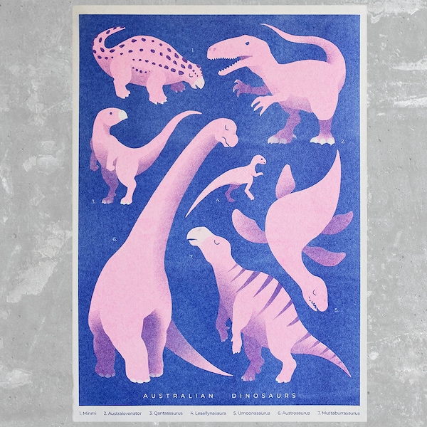 Australian Dinosaurs - Riso A4 poster | Free Domestic Shipping