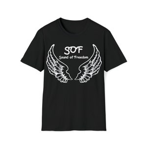 May include: Black t-shirt with a white graphic of angel wings and the text "SOF Sound of Freedom".